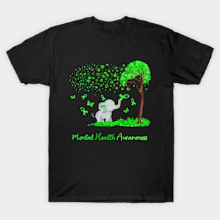 Mental Health Awareness Tree Elephant Ribbon T-Shirt